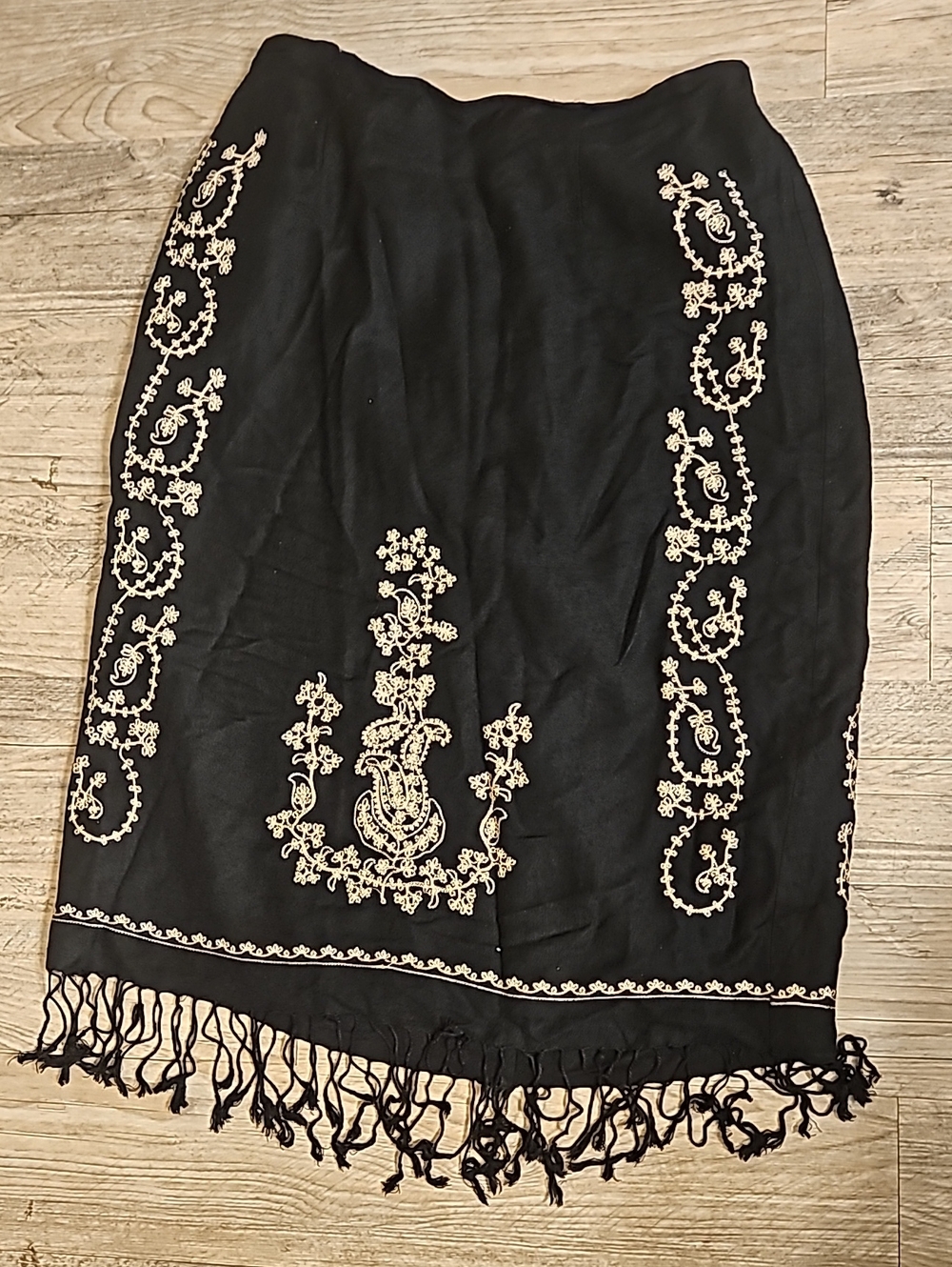 Dress Barn Black Skirt with Cream Embroidery and Fringe